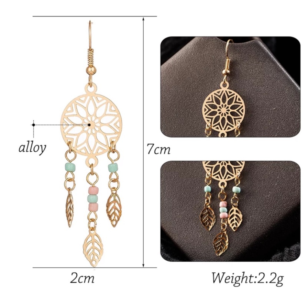 Gold Pink Mint Beaded Leaf Dream Catcher Earrings - Picture 4 of 4